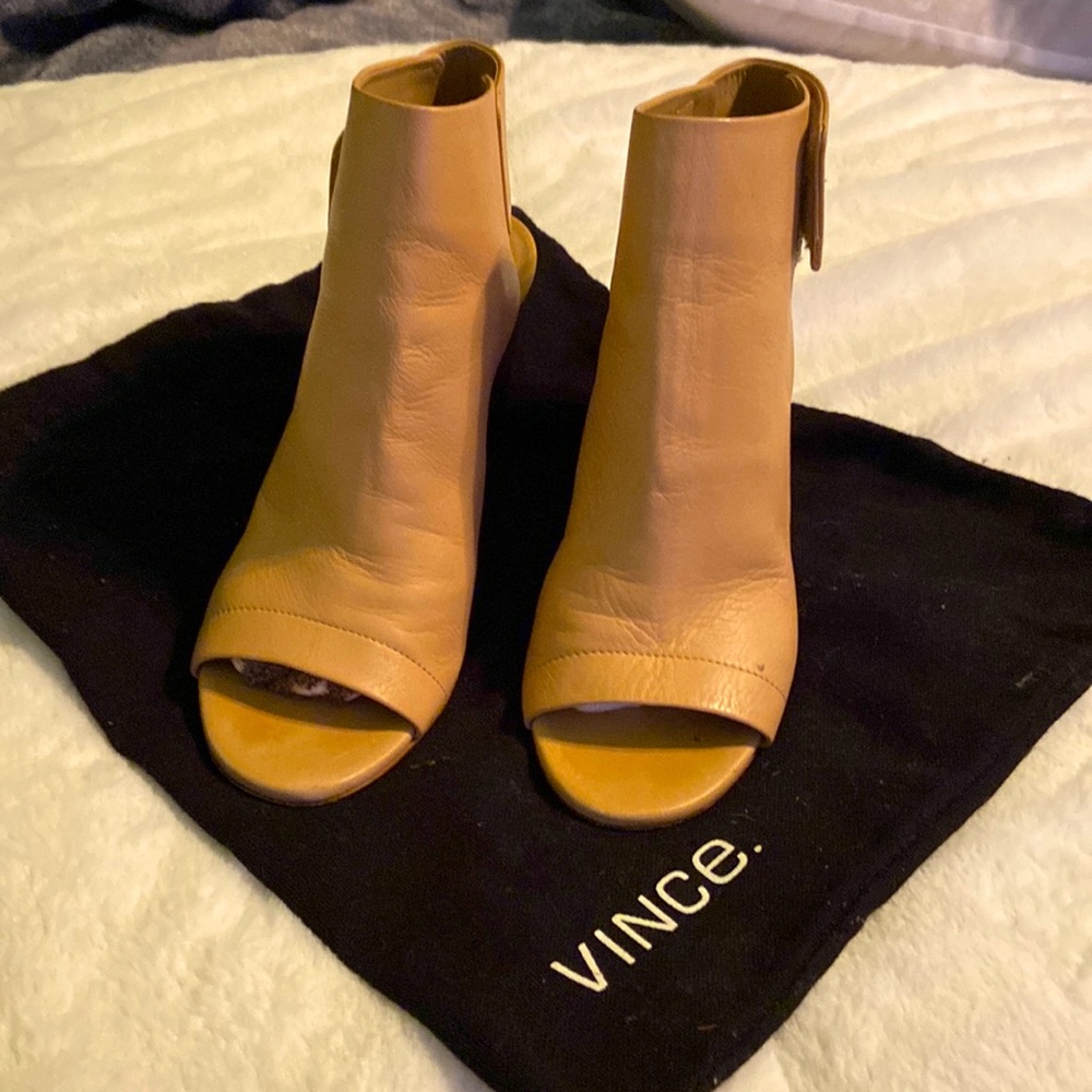 Vince Tan Leather Peep-Toe Ankle Booties